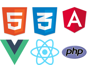 HTML5, CSS3, Angular, Vue, React, PHP logos